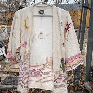 Johnny Was Cream Cardigan with Colorful Embroidery